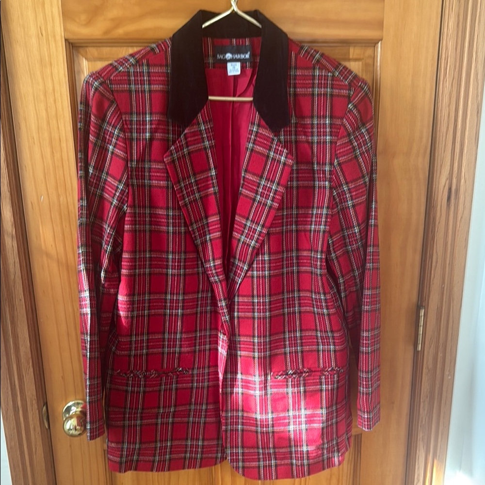 Sag Harbor Red Blazer with Black Collar and Plaid Design